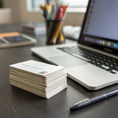 Imagen de una mesa de escritorio con un ordenador y un monton de tarjetas de visita